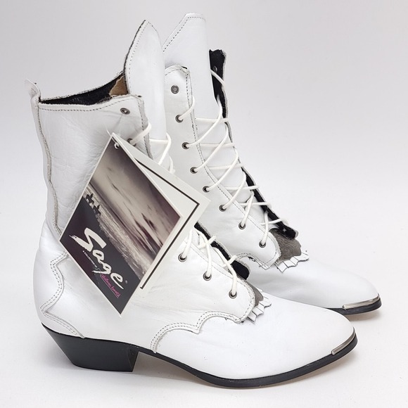 NEW Vintage Sage Abilene White Leather Boots‎ Size 7.5 M Cowgirl Western 3810